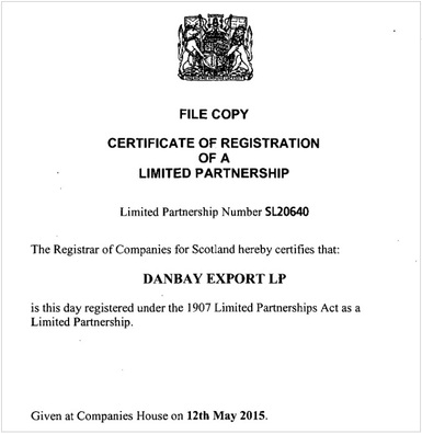 Вытрымка з пасведчання рэгістрацыі Danbay Export LP / Companies House Вытрымка з пасведчання рэгістрацыі Danbay Export LP / Companies House