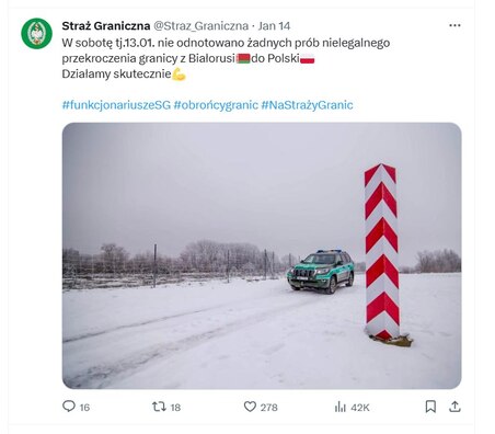 14 студзеня ў краіны ЕЗ не спрабаваў трапіць ніводны мігрант. Скрыншот з X Польскай памежнай службы 14 студзеня ў краіны ЕЗ не спрабаваў трапіць ніводны мігрант. Скрыншот з X Польскай памежнай службы