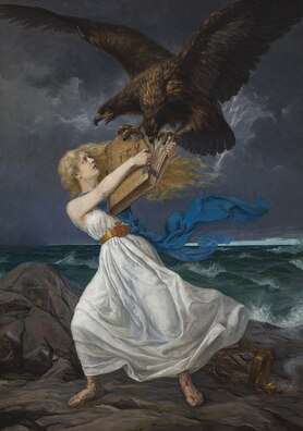 Эдвард Істо, "Атака", 1899. Расейскі двухгаловы арол дакучае фінскай дзяўчыне, спрабуючы пазбавіць яе кнігі законаў Эдвард Істо, "Атака", 1899. Расейскі двухгаловы арол дакучае фінскай дзяўчыне, спрабуючы пазбавіць яе кнігі законаў