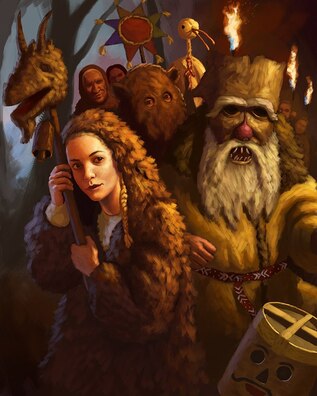 Каляды. Персанажы-маскі (Каза, Мядзведзь, Бусел і Дзед) на карціне беларускага мастака. Крыніца - wikipedia.org Каляды. Персанажы-маскі (Каза, Мядзведзь, Бусел і Дзед) на карціне беларускага мастака. Крыніца - wikipedia.org