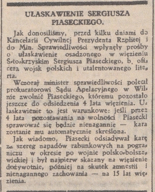 Артыкул пра вызваленне Пясецкага з турмы, 1937 год Артыкул пра вызваленне Пясецкага з турмы, 1937 год