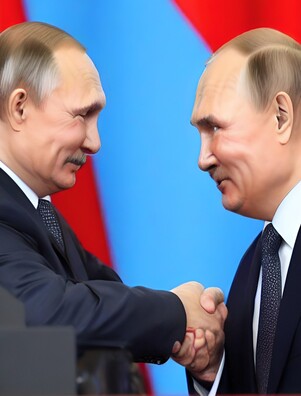 Не зусім зразумела: ці то Лукашэнка вучыцца ў Пуціна, ці то Пуцін — у Лукашэнкі, але вынік адзін і той жа. Ілюстрацыйная выява: «Dream AI» Не зусім зразумела: ці то Лукашэнка вучыцца ў Пуціна, ці то Пуцін — у Лукашэнкі, але вынік адзін і той жа. Ілюстрацыйная выява: «Dream AI»