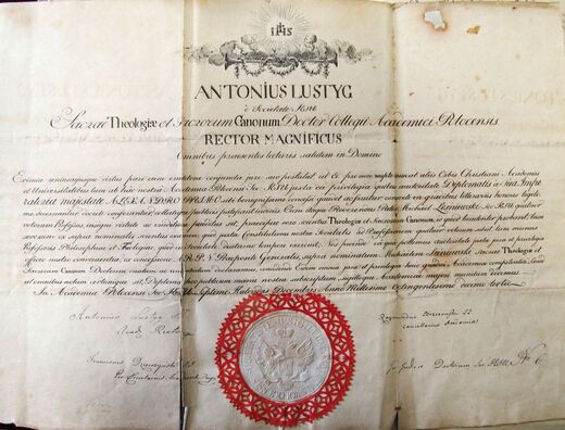 Дыплом аб наданні доктарскай ступені, выдадзены ў Полацкай акадэміі (архіў езуітаў у Кракаве). Фота jezuity.by Дыплом аб наданні доктарскай ступені, выдадзены ў Полацкай акадэміі (архіў езуітаў у Кракаве). Фота jezuity.by