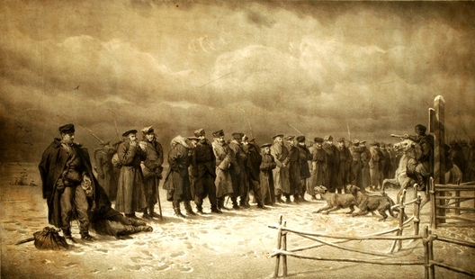 Катаржане, удзельнікі Паўстання 1863 г., падчас этапу ў Сібір (паводле малюнку Андрыёлі) Катаржане, удзельнікі Паўстання 1863 г., падчас этапу ў Сібір (паводле малюнку Андрыёлі)
