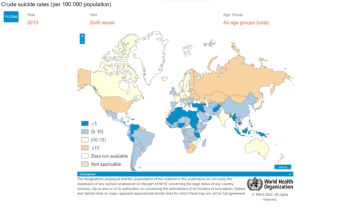 Рэйтынг колькасці самагубстваў у свеце за 2019 год. Скрыншот з сайта СААЗ Рэйтынг колькасці самагубстваў у свеце за 2019 год. Скрыншот з сайта СААЗ