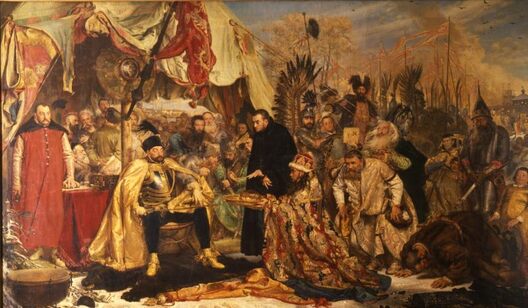 Стэфан Баторый прымае капітуляцыю маскавітаў пад Псковам Стэфан Баторый прымае капітуляцыю маскавітаў пад Псковам