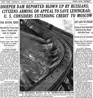 Выпуск The New York Times з калонкай пра ДнепраГЭС. 21 жніўня 1941 года Выпуск The New York Times з калонкай пра ДнепраГЭС. 21 жніўня 1941 года